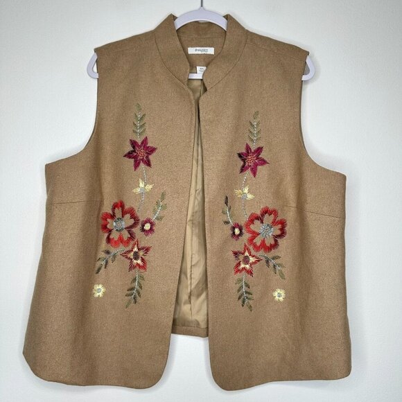 Dress Barn Vest Tan Floral Embroidered Wool Blend Lined Open Size 18W - Picture 1 of 12